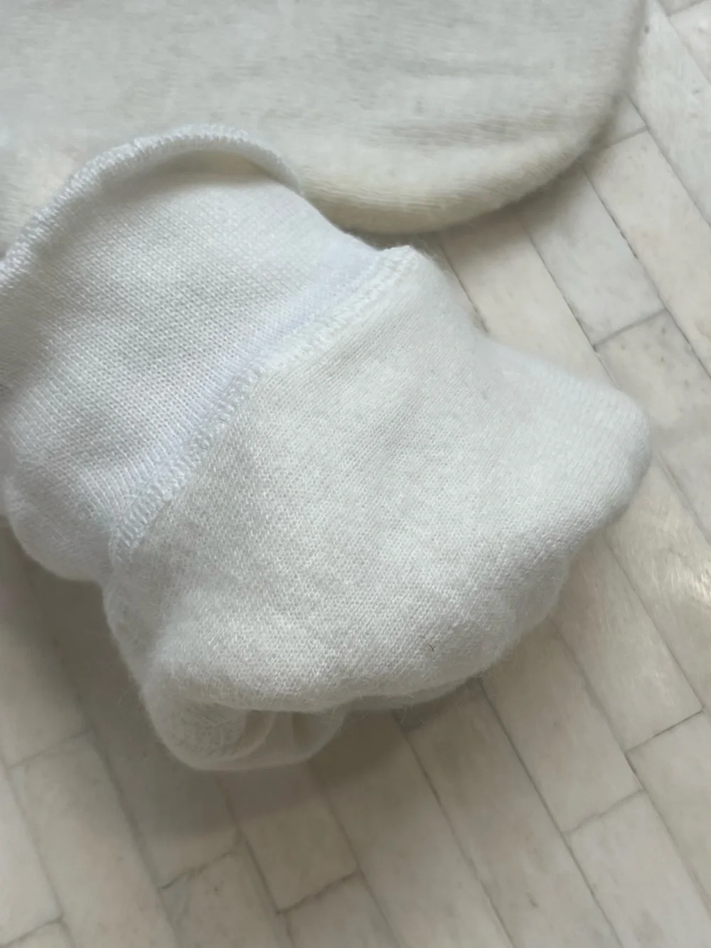 White Angora Wool Blend House or Boot Socks with Blue Trim size Large